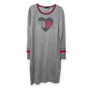 Tommy Hilfiger Embellished Heart Sweater Dress Size Large Gray Red Blue